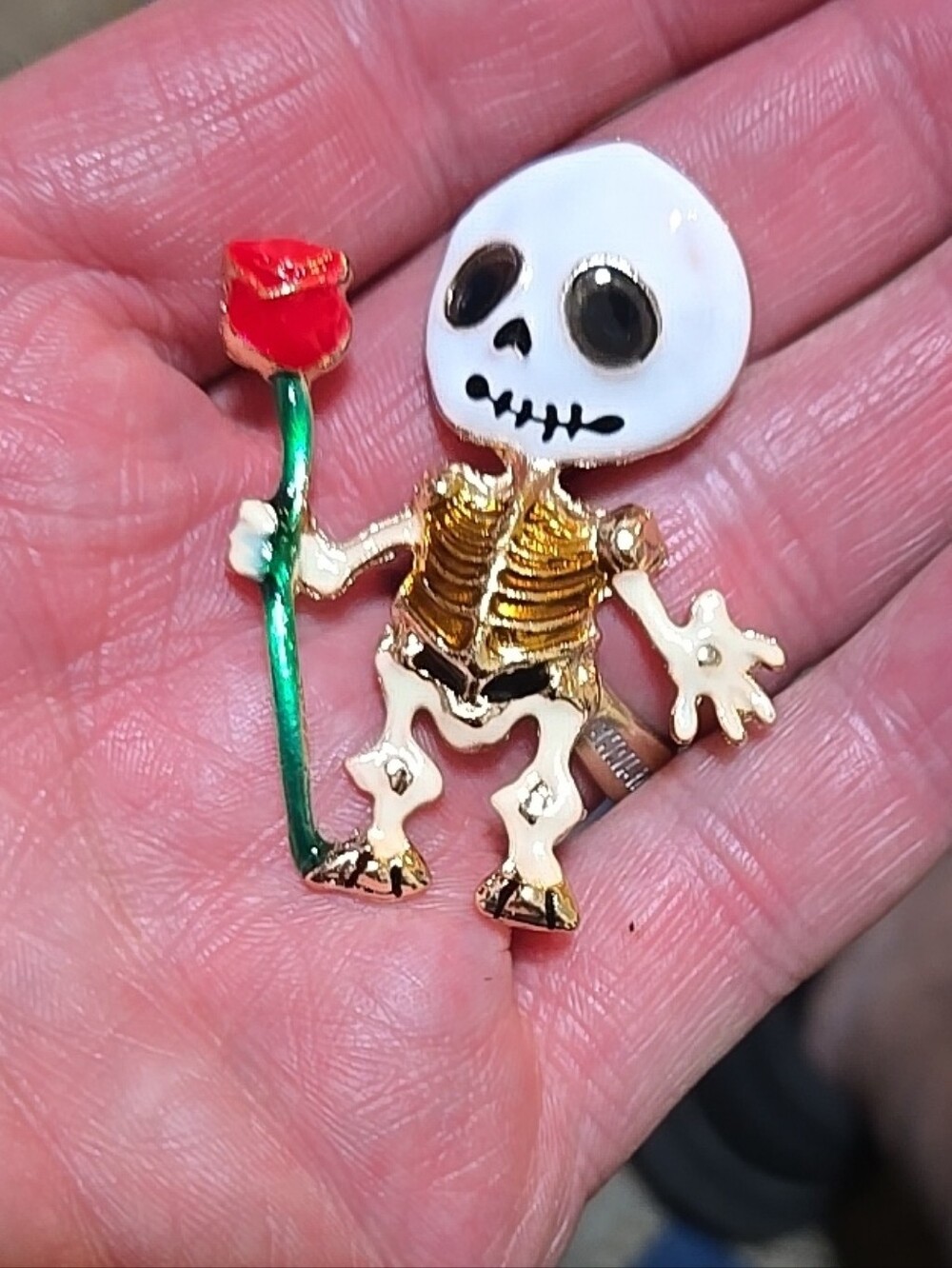 B4- Gold-Tone Skeleton Brooch Pin with Red Rose - Women's Fashion Jewelry